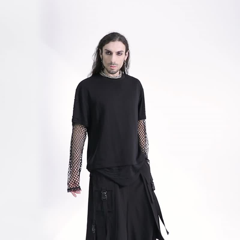 庞克革命者假两件网格上衣 / 宽松版型 - 男装上衣/T 恤 - 其他材质 黑色