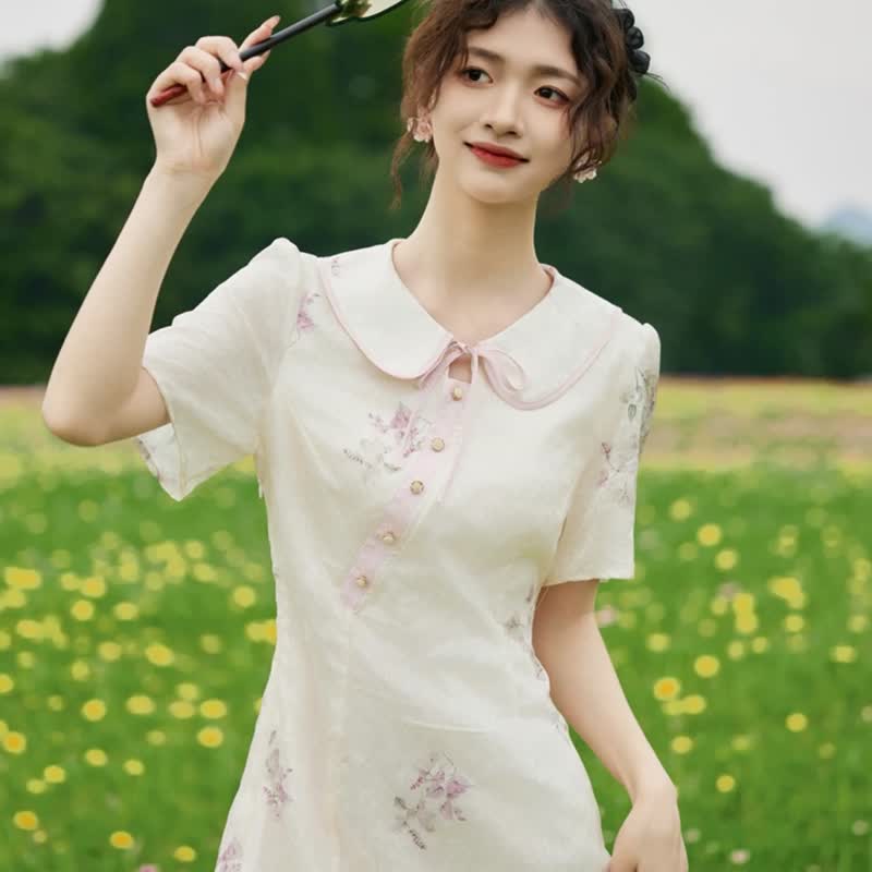 【花语伊人】新中式国风连衣裙 夏季新款气质减龄碎花植物洋装 - 洋装/连衣裙 - 其他材质 白色