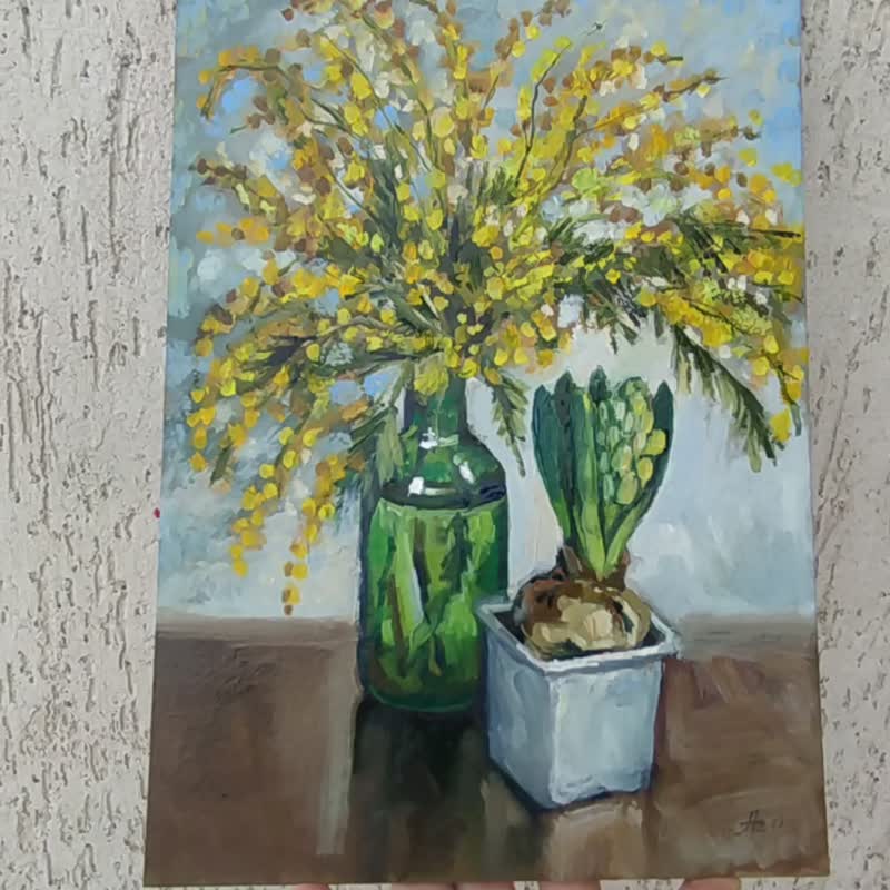 Mimosa and Hyacinth Painting Spring Flower Original Art Oil 21 dy 30 - 海报/装饰画/版画 - 其他材质 黄色
