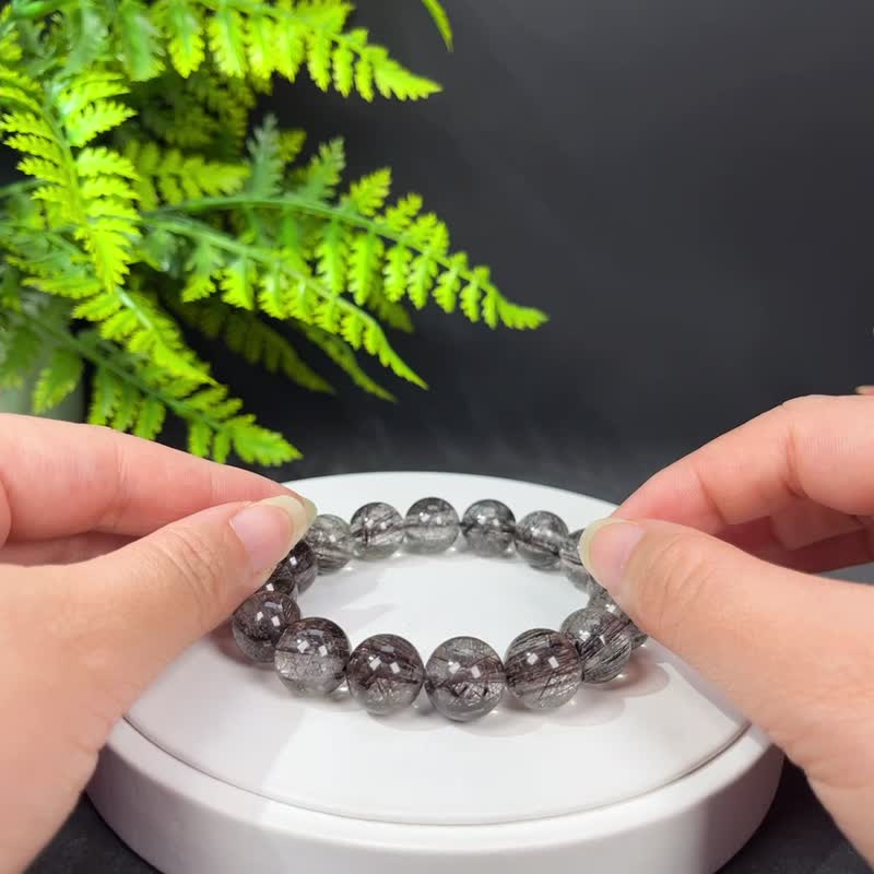 天然冰透黑发晶共生铜发晶手串 13mm 消除负能量 加强向心力 - 手链/手环 - 水晶 黑色