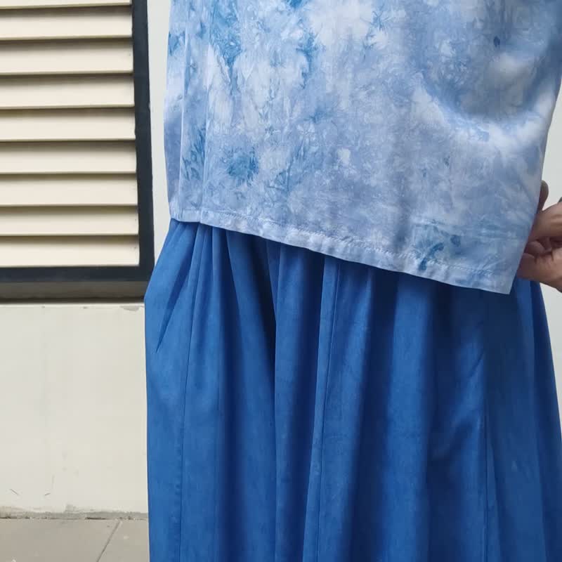 E Brisa Pants - 酷感靛蓝扎染长宽裤 - 女装长裤 - 棉．麻 蓝色