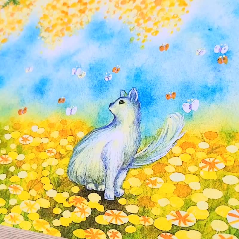 [含羞草与猫] 水彩艺术印刷品春天花痴白猫紫罗兰色蒲公英可爱房间室内壁挂黄 - 海报/装饰画/版画 - 纸 黄色