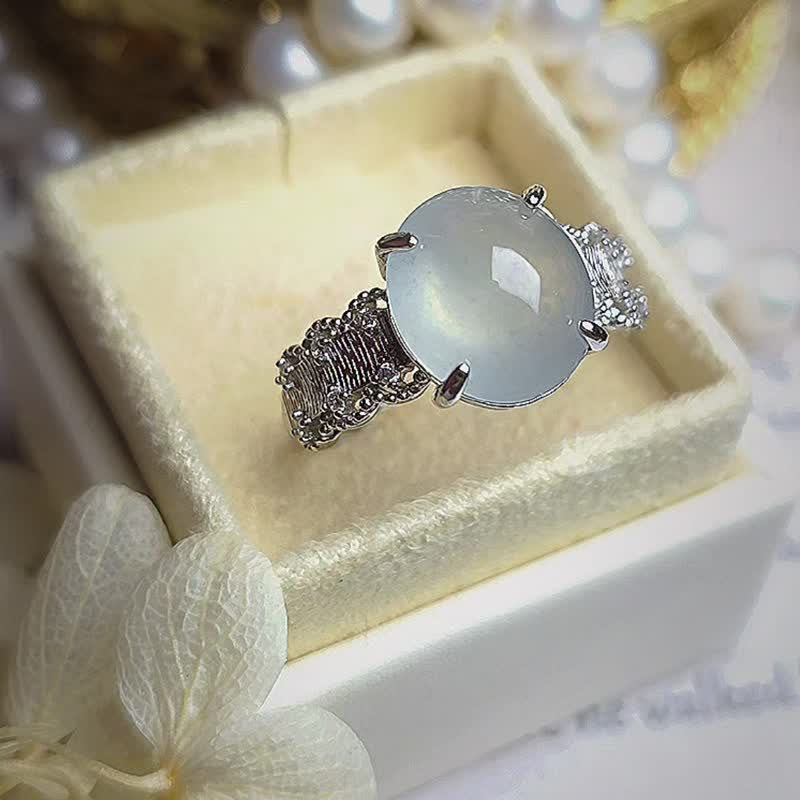 招财•事业•顺利|缅甸A货翡翠高冰淡蓝莫西沙放光纯银蕾丝戒指 - 戒指 - 玉石 