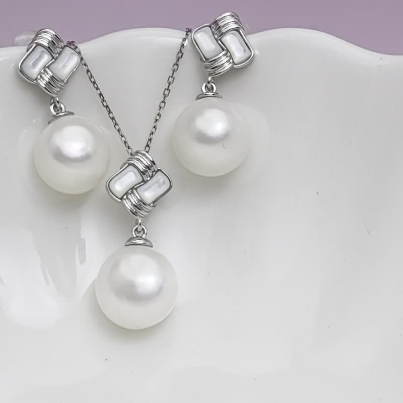 天然淡水珍珠  饱满纽扣珠 纯银 耳环项链 套装 - 项链 - 珍珠 白色