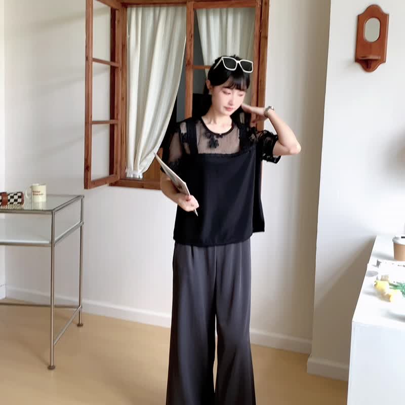 |初秋新品2件75折| 优雅蕾丝拼接上衣|黑色|无里衬|无弹 - 女装上衣 - 聚酯纤维 黑色