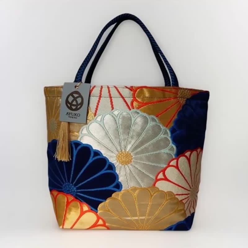 独一无二真丝和服带托特包, 手工刺绣环保改造日本手袋 - 手提包/手提袋 - 丝．绢 金色