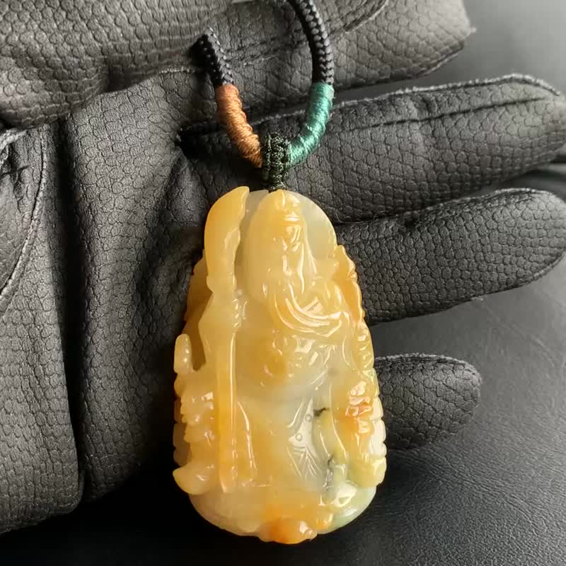 天然翡翠项链 蜜糖黄~关公/关圣帝君玉墬  黄翡飘花 男士项链附台 - 手链/手环 - 玉石 黄色