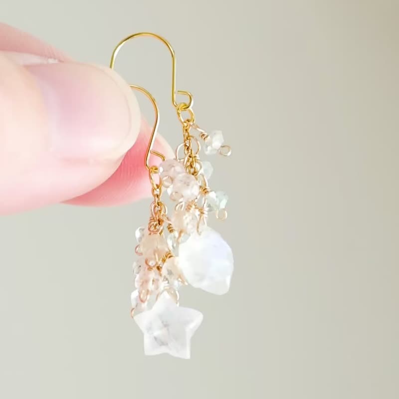 流星白月光与缤纷绿柱石耳环：闪耀夜空的赠礼．医疗级不锈钢 - 耳环/耳夹 - 石头 白色