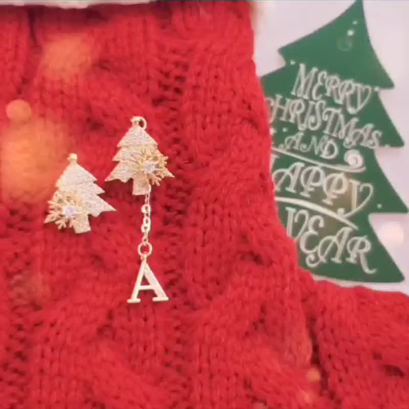 旋转雪花、圣诞树字母、两戴耳环、圣诞礼盒【定制化礼物】 - 耳环/耳夹 - 其他金属 金色