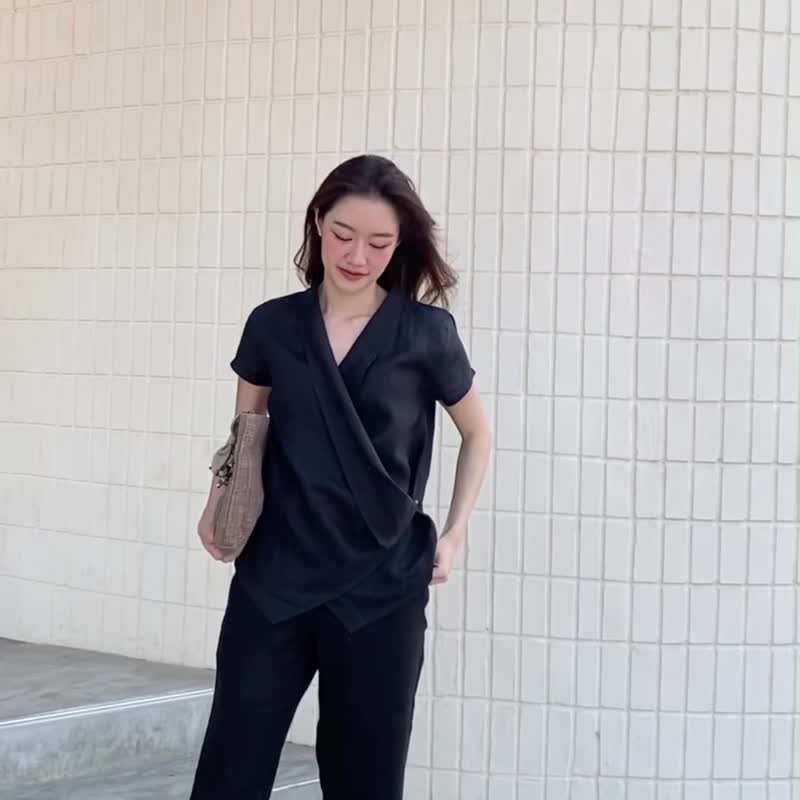 黑亚麻衬衫，短袖，香蕉领：Rosie 衬衫，黑 - 女装上衣 - 棉．麻 黑色