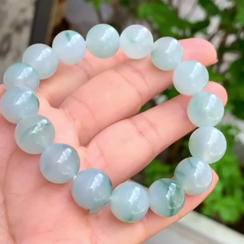 冰种翡翠天然翡翠A玉玉珠 玉链手链颈链 • 冰种飘花翡翠手串 - 手链/手环 - 玉石 绿色