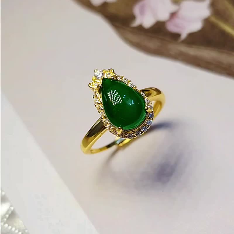 财富|高贵|A货翡翠冰玻老坑大绿水滴11.4mm纯银镀18k黄皇冠戒指 - 戒指 - 玉石 