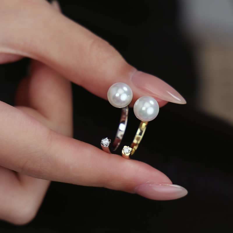 大珍珠锆石开口戒 - 戒指 - 纯银 金色