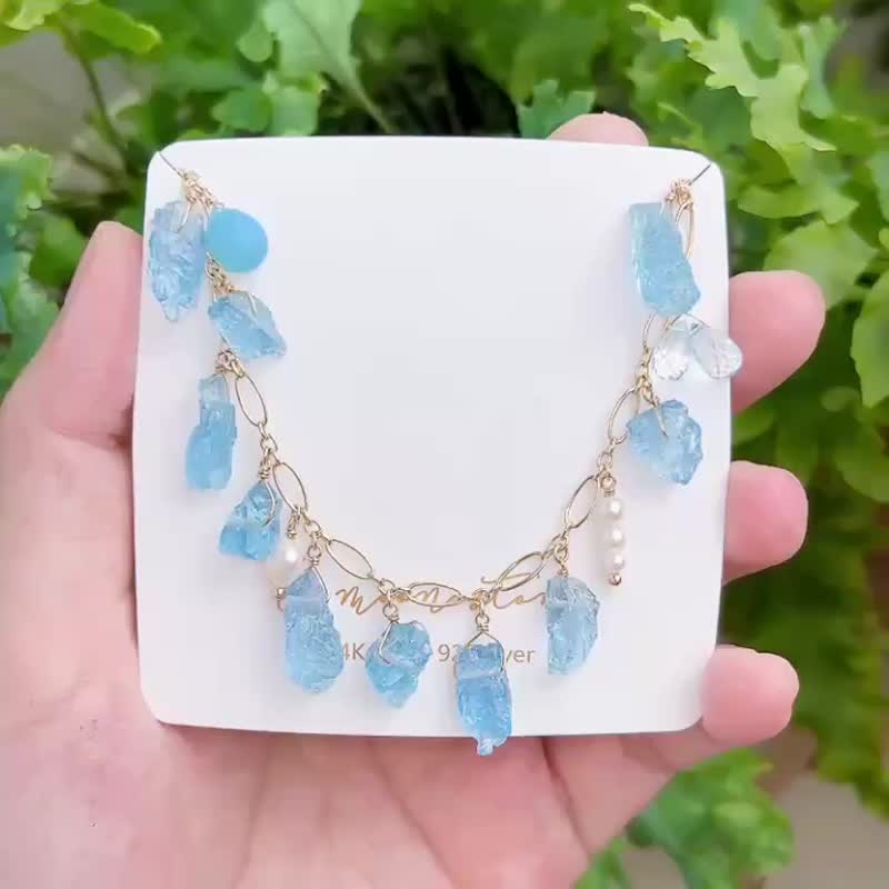 舒缓焦虑 原矿海水蓝宝石珍珠手链 清新海洋感 14K 注金 - 手链/手环 - 半宝石 蓝色