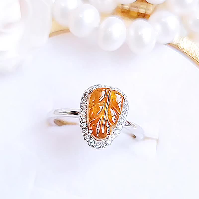 |一夜暴富|A货翡翠冰玻蜜糖黄翡叶子10mm纯银镀18k戒指 - 戒指 - 玉石 