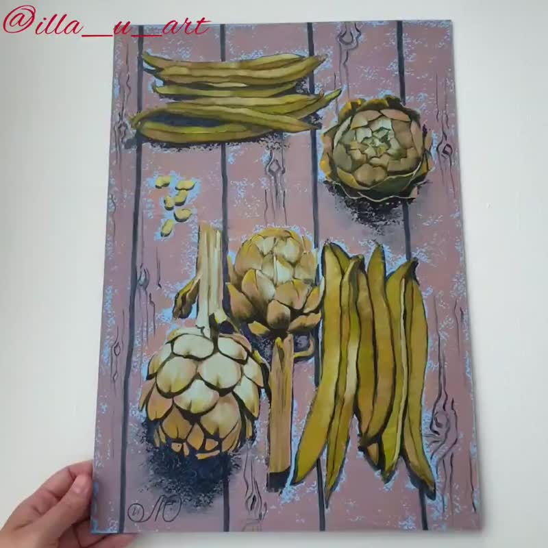 Artichoke Painting Vegetable Original Art Beans Wall Art Food Artwork Still Life - 海报/装饰画/版画 - 其他材质 多色