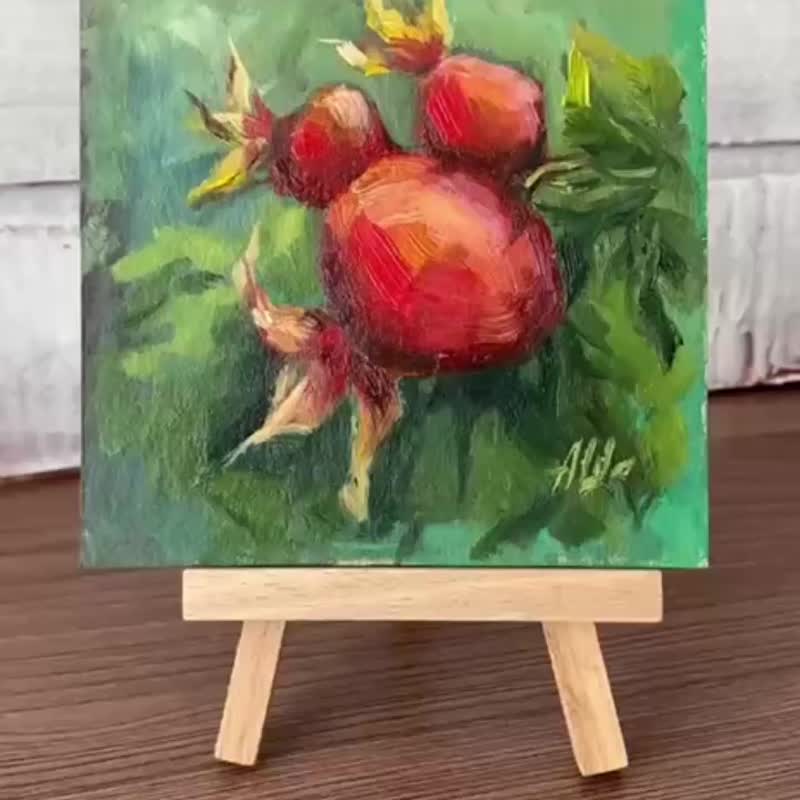 玫瑰果绘画 小型油画 带有浆果的风景画 - 海报/装饰画/版画 - 其他材质 多色