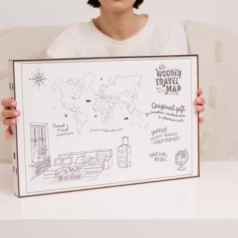 2D 世界地图图钉 乔迁礼物 现代墙艺术 旅行地图 - 墙贴/壁贴 - 木头 多色