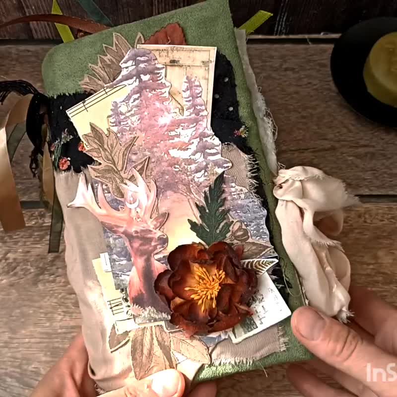 森林自然风格笔记本 手工制作 魔法鹿 杂记本 植物图案 贩售中 - 笔记本/手帐 - 纸 绿色