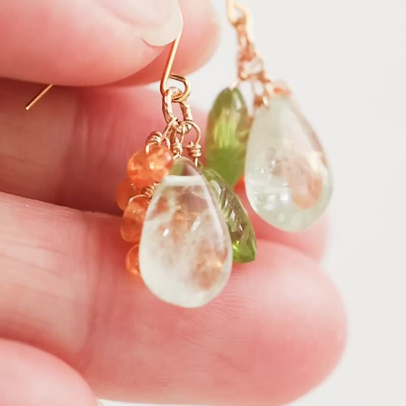 缀满绿紫水晶与橄榄石的天然石垂坠耳环 澄澈透明感 - 耳环/耳夹 - 石头 绿色