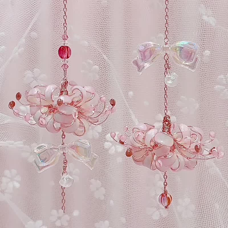 淡色彼岸花 蝴蝶结x南瓜珠 不对称疗愈系耳环 耳骨夹 耳针/耳夹 - 耳环/耳夹 - 树脂 粉红色