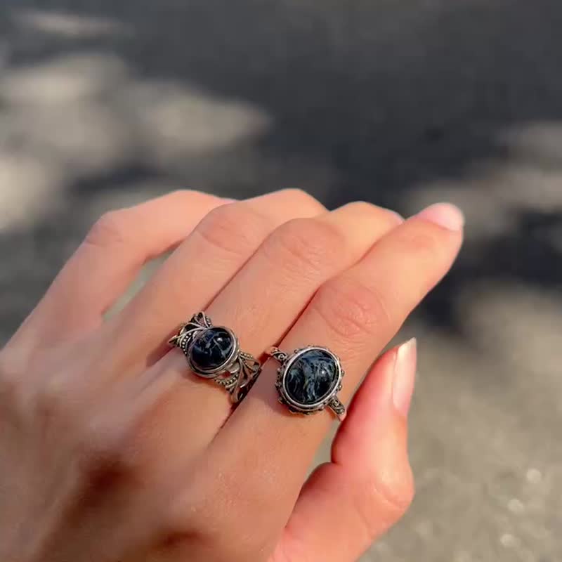 喜迎瑶 925银 彼得石 蓝彼得 天然石 活口 戒指 手工银饰 复古风 - 戒指 - 水晶 银色