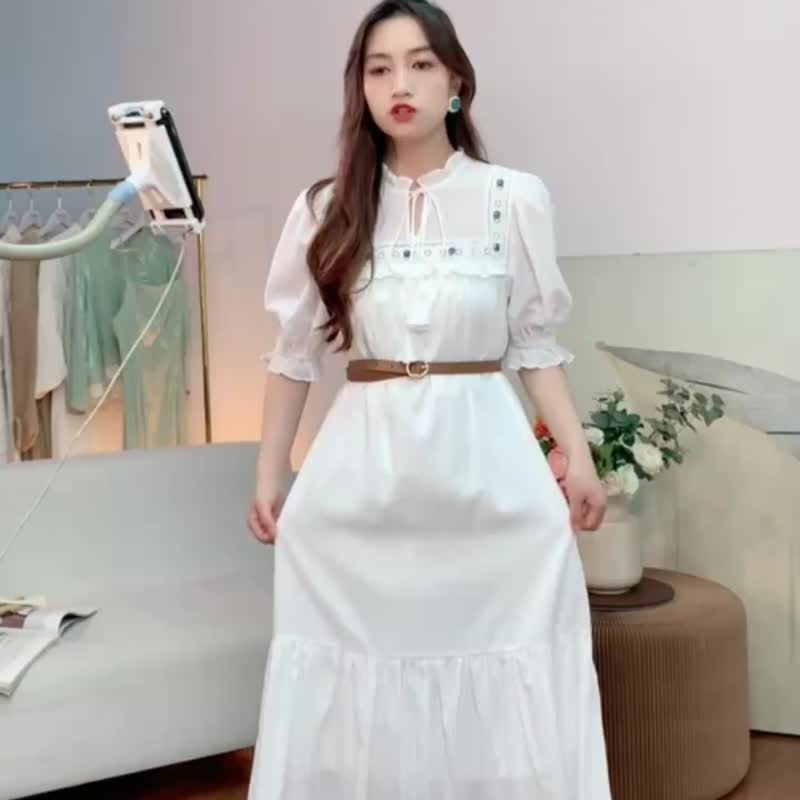 含腰带 白色蕾丝拼接宽松中长款 连衣裙洋装 - 洋装/连衣裙 - 棉．麻 白色