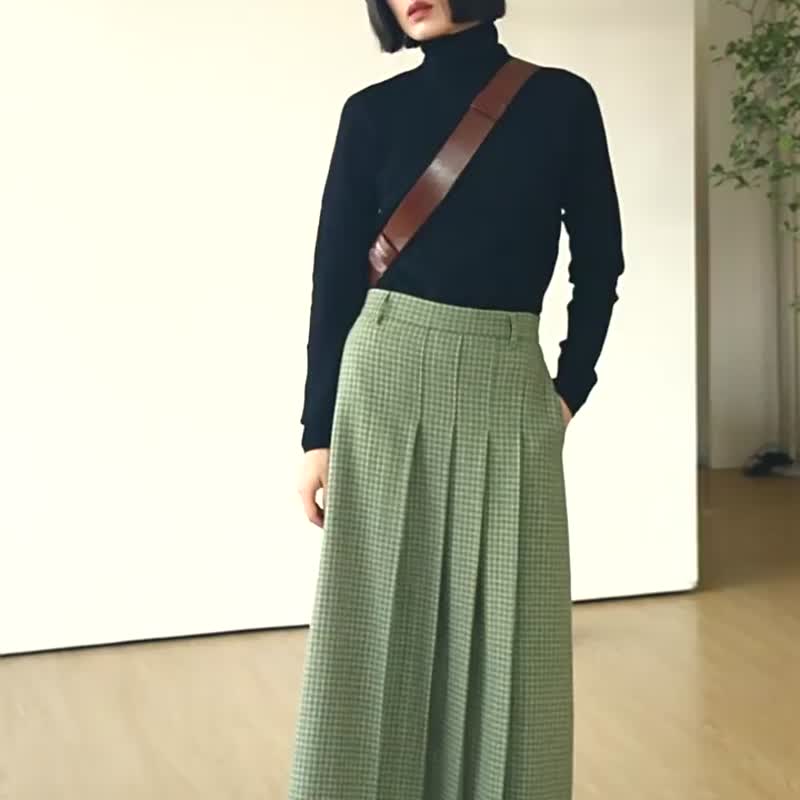 清新绿格纹 秋冬羊毛毛呢格纹三褶半身裙 定位压褶修身显瘦裙子 - 裙子 - 羊毛 绿色