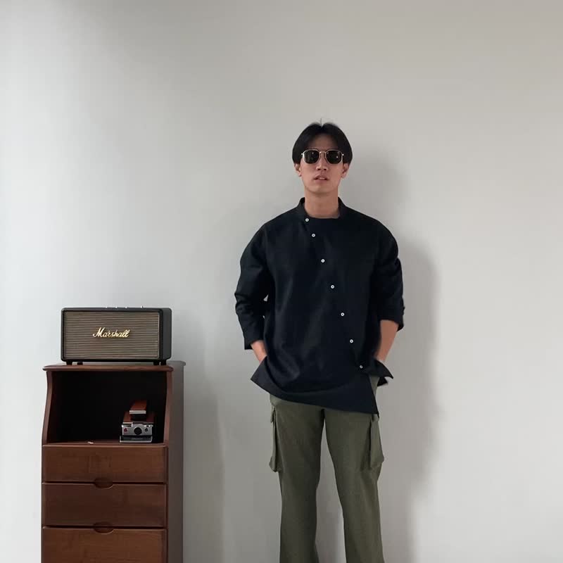 Blue & J Natural Linen with White Buttons Mandarin Collar Shirt - Black - 男装衬衫 - 亚麻 黑色