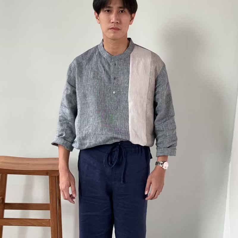Blue & J Natural Linen Shirt Mandarin Collar Shirt Patchwork - Grey/Beige - 男装衬衫 - 亚麻 灰色
