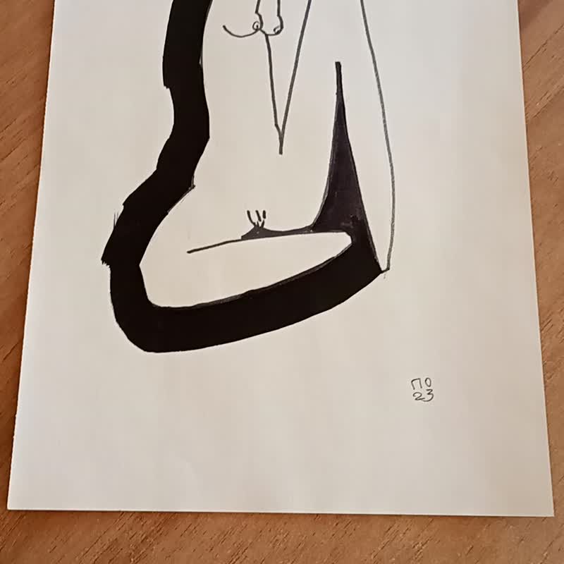 坐着的立体派裸体女人色情绘画礼物情人节黑白 - 海报/装饰画/版画 - 纸 白色