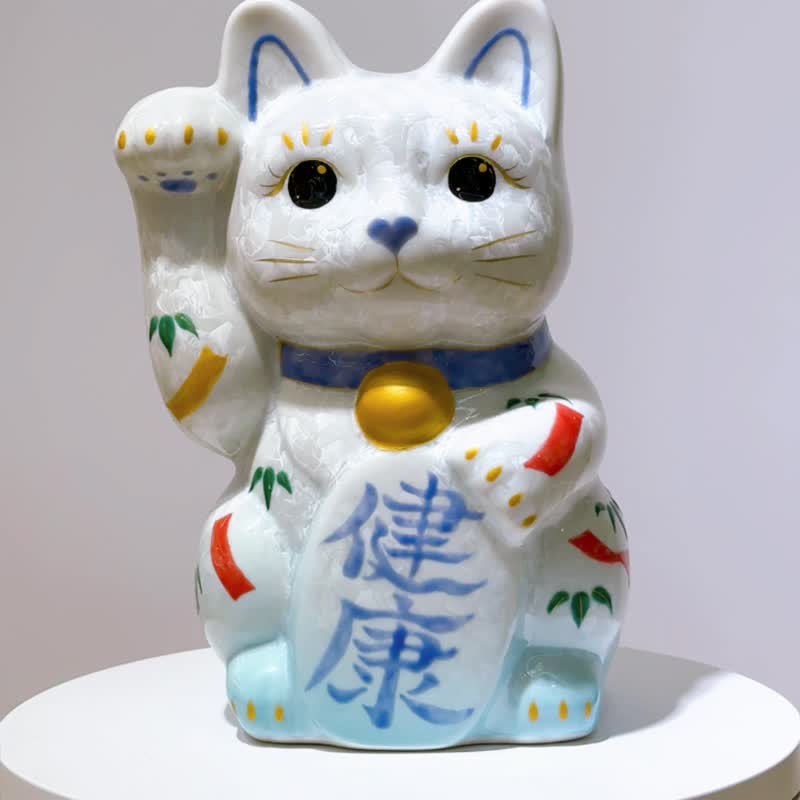 【瑞白安康】日本清水烧招财猫 | 花结晶水白 - 健康 特大 右 - 摆饰 - 瓷 白色