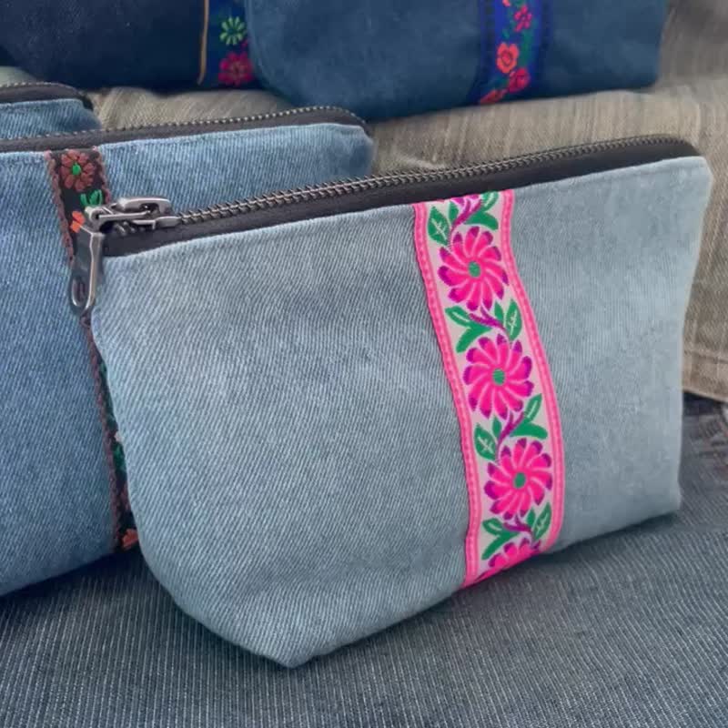 Denim Pouch 牛仔布 收纳袋 化妆袋 杂物包 - 化妆包/杂物包 - 棉．麻 蓝色
