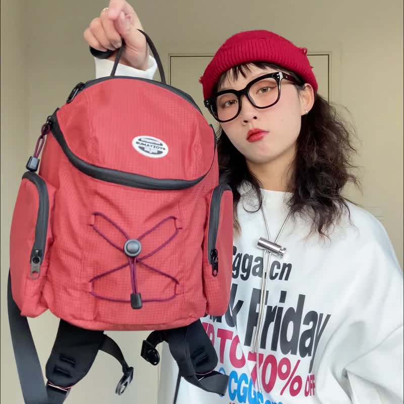古着司康系列 迷你mini款 双线细格纹 复古款 双肩后背包 桔汁红 - 后背包/双肩包 - 聚酯纤维 红色
