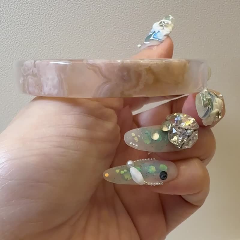 樱花玛瑙手镯 玛瑙手镯稀有方镯冰透粉花意境晚霞带水墨意境59圈 - 手链/手环 - 玉石 