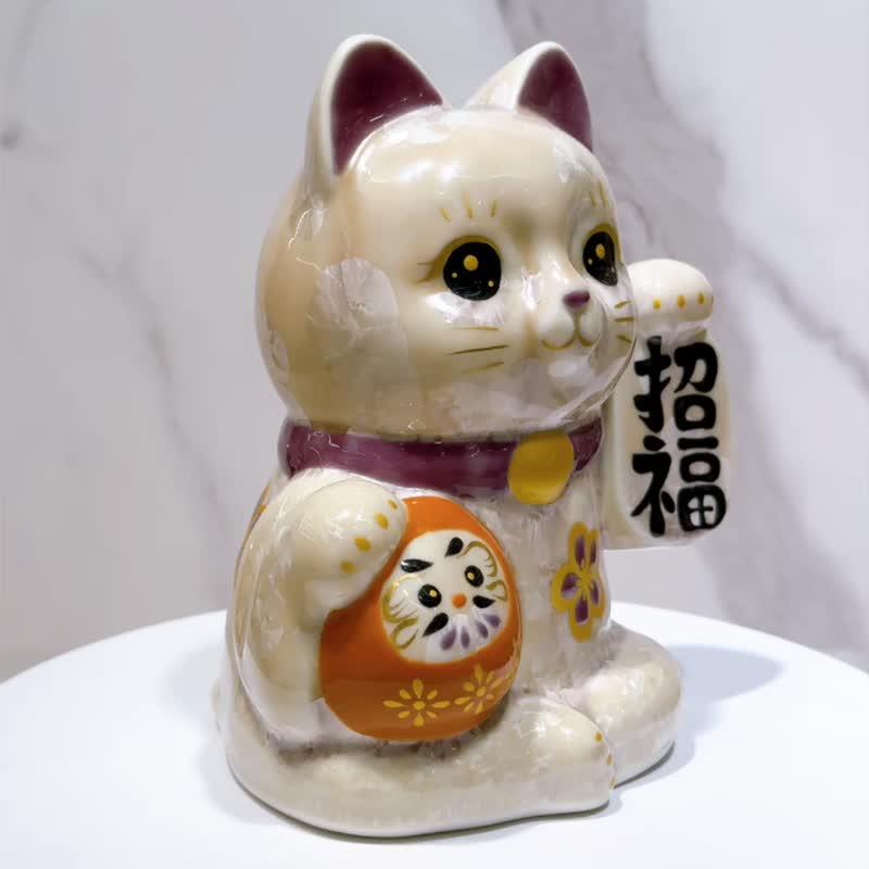 【达摩守愿】日本清水烧招财猫 | 达摩 花结晶 杏 招福 - 摆饰 - 瓷 卡其色