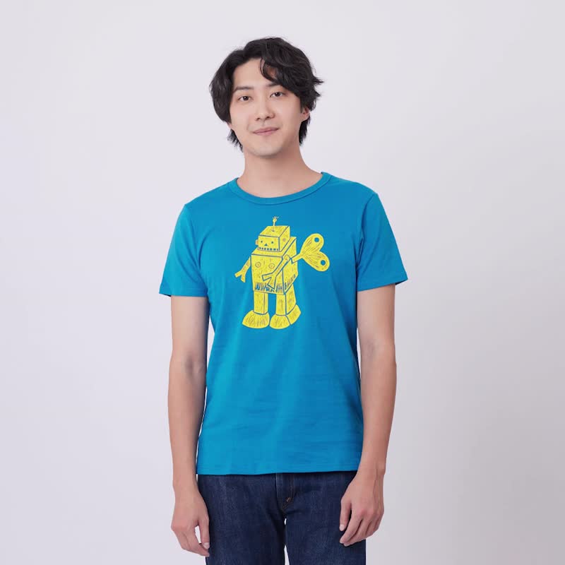 發條機器人蜜桃棉男短T/海藍 - 男装上衣/T 恤 - 棉 蓝色