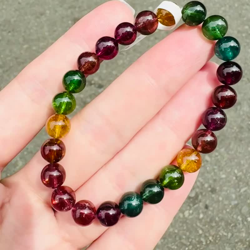 精品级老矿浓色碧玺7mm14.93g带蓝碧金丝雀旺夫石电气石高频磁场 - 手链/手环 - 水晶 多色