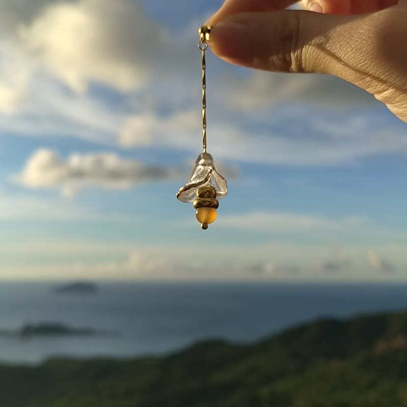 裙摆花长链垂坠耳环  黄铜耳饰  /冰花原色玛瑙 - 耳环/耳夹 - 铜/黄铜 橘色