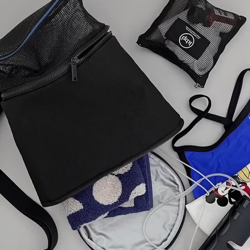 现货 - 韩国 KBP 防水+网状圆筒型游泳包/运动包 - 大 - 侧背包/斜挎包 - 聚酯纤维 黑色