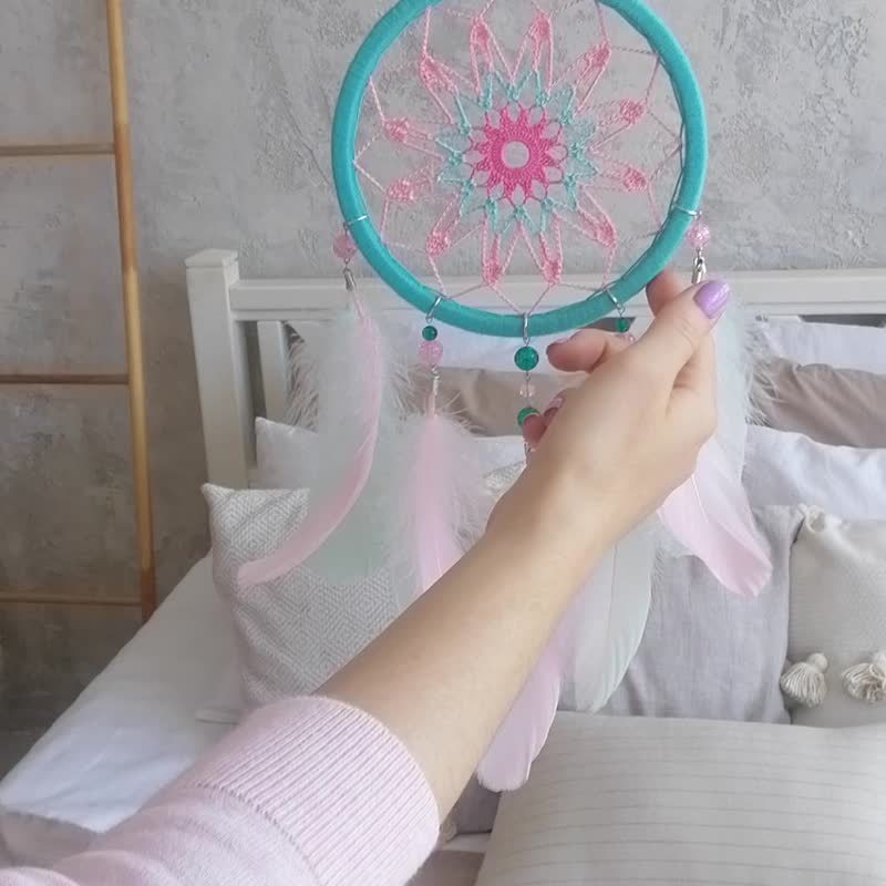Pink dream catcher for girl, Turquoise teal with mint and pink nursery mandala - 墙贴/壁贴 - 绣线 粉红色