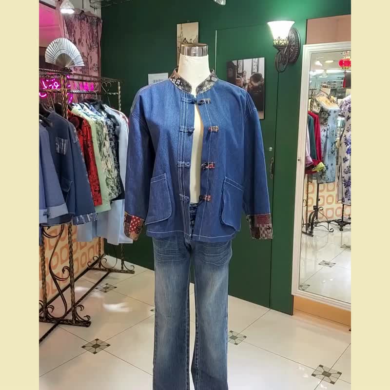 VINTAGE 悦裳 新式改良复古 牛仔拼布短外套 春装 - 中性连帽卫衣/T 恤 - 聚酯纤维 蓝色