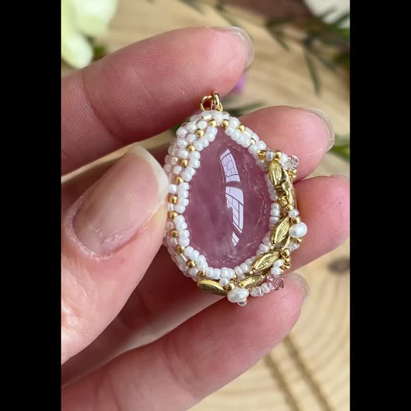 马粉 (马达加斯加粉晶) 玻璃米珠 x 天然石 串珠吊坠 配 宝石链 - 项链 - 水晶 粉红色