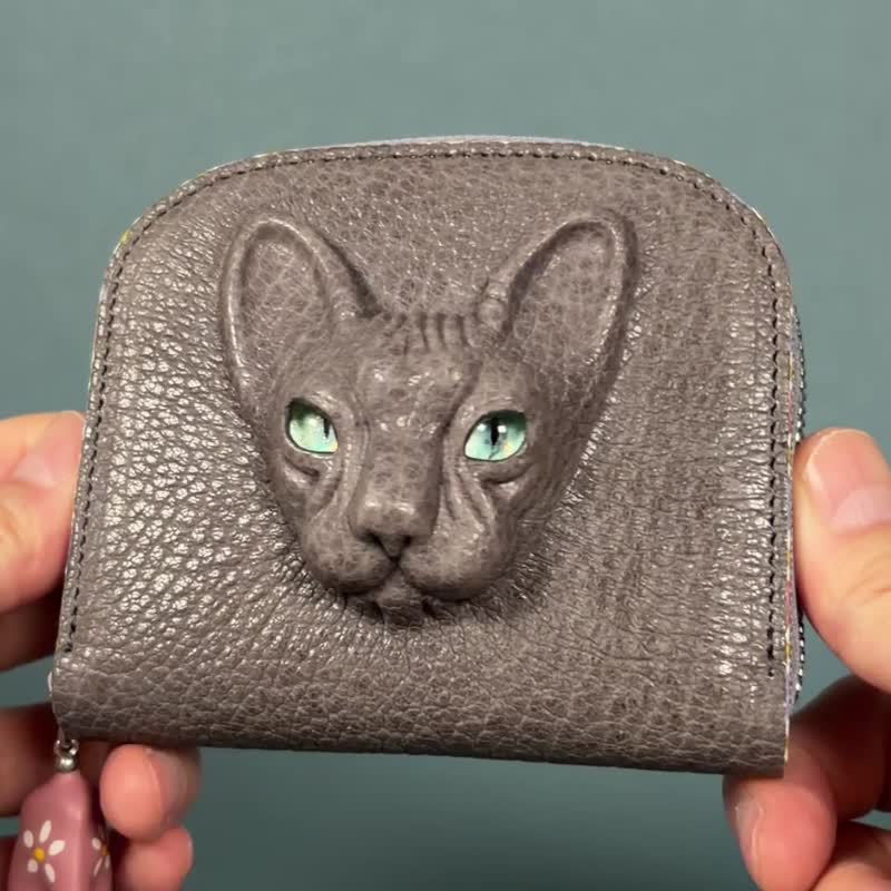 3D 斯芬克斯猫 皮革钱包 – 四色边框 – 日本手工制作 - 皮夹/钱包 - 真皮 灰色