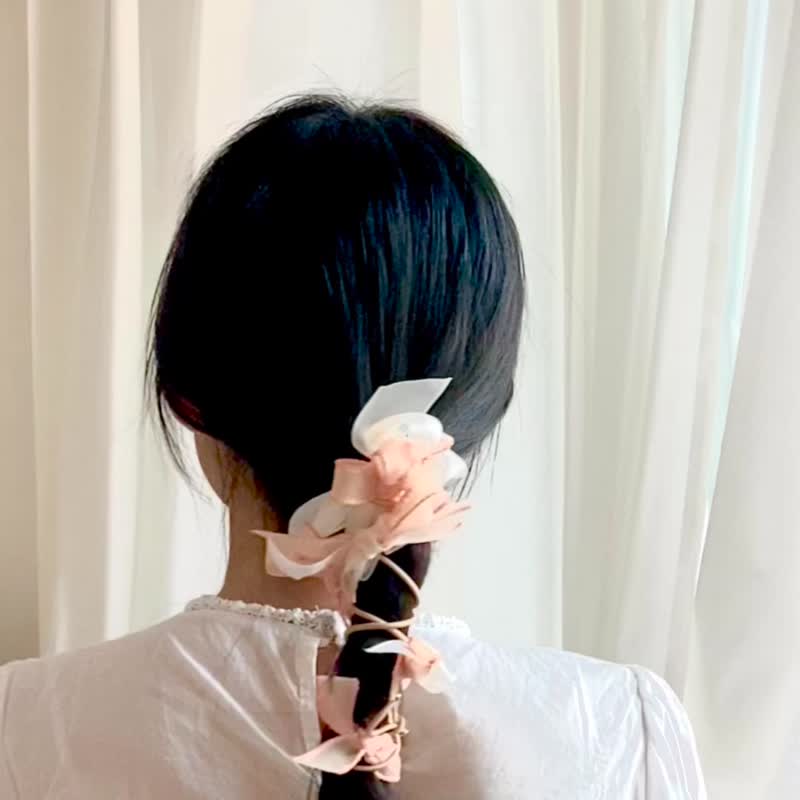 【原创 手工】粉橙玉色 花型 3Way 发绳 发圈 发带 - 发饰 - 其他人造纤维 粉红色