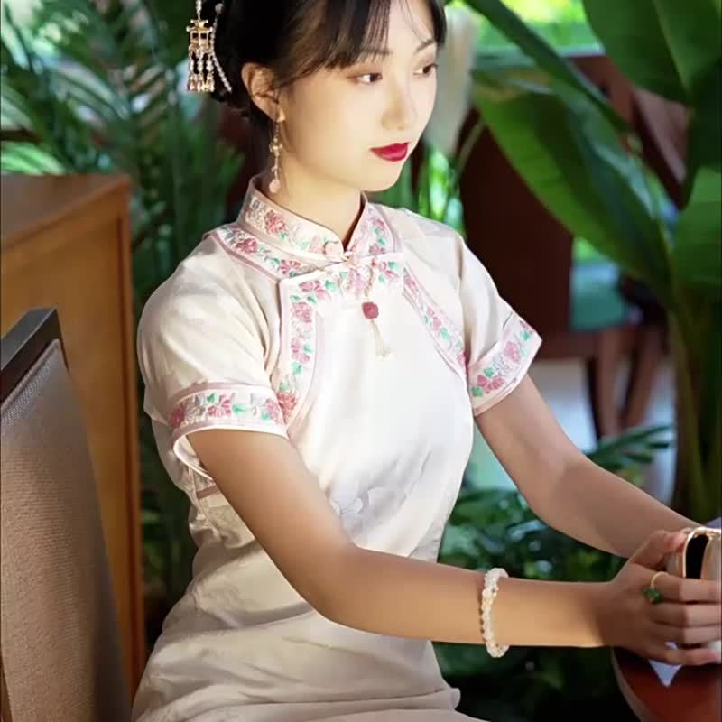 白玫瑰新品原创双襟刺绣复古白短袖优雅日常旗袍 - 旗袍 - 其他材质 白色