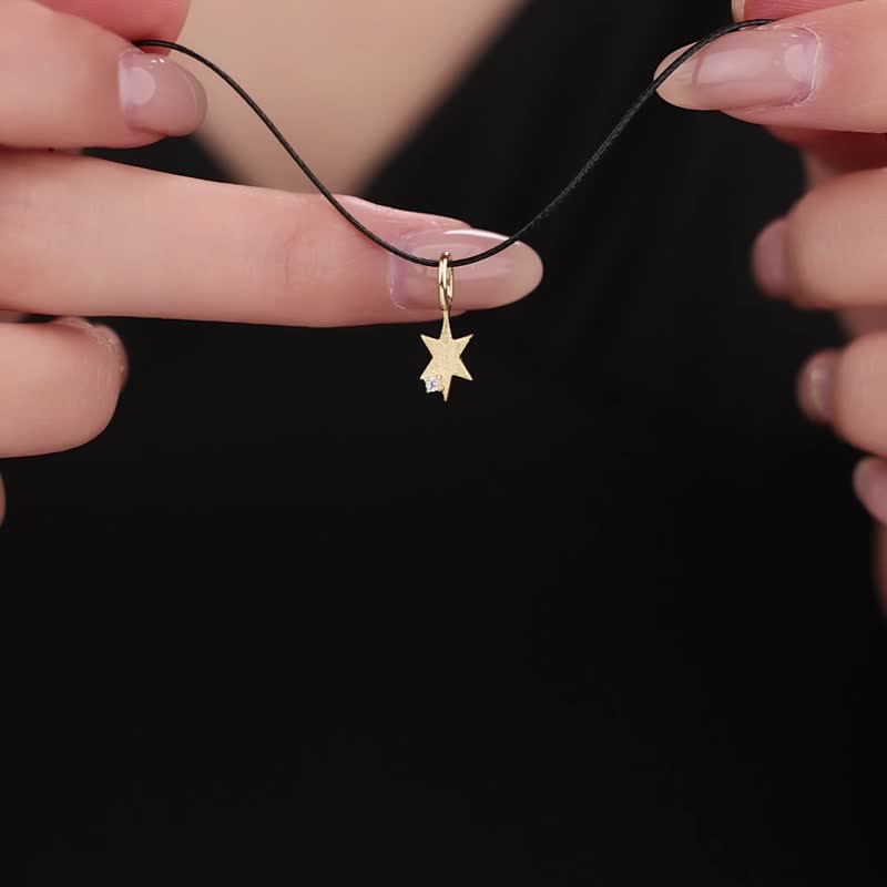 纯银拉丝六角星锆石蜡皮绳细项链 - 项链 - 纯银 金色