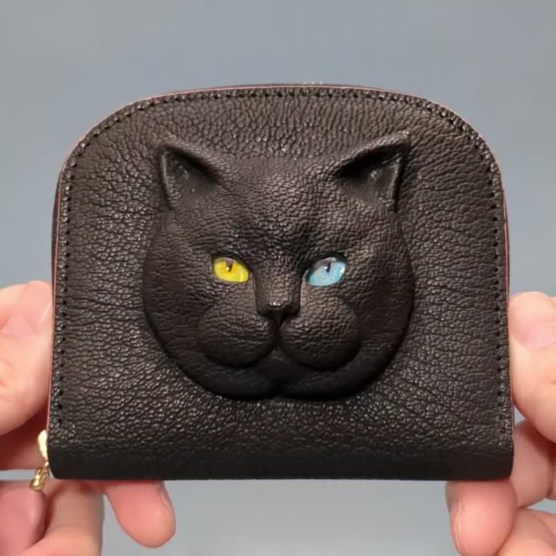 3D 英国短毛猫 皮革钱包 – 独特日本手工制作 - 皮夹/钱包 - 真皮 黑色