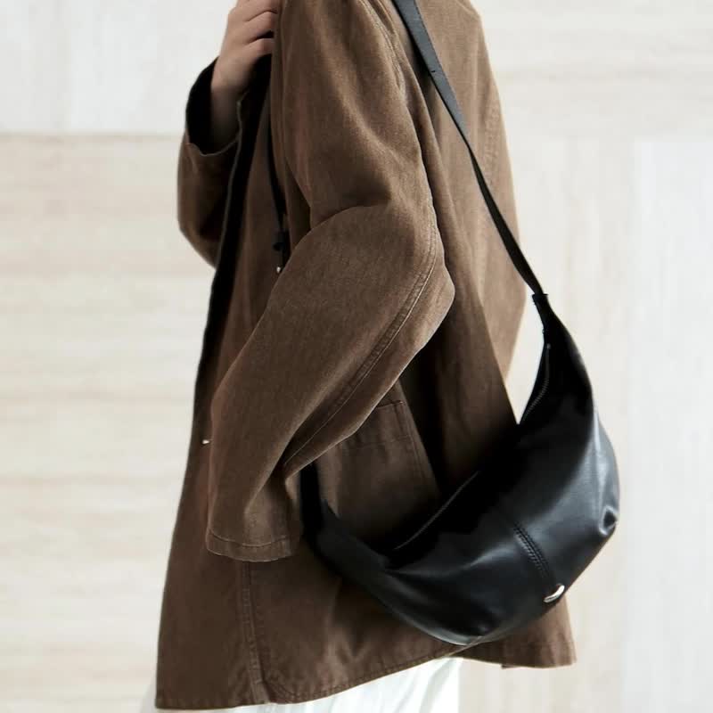 sobag韩版简约设计师款真皮牛角斜挎女包气质单肩手提腋下饺子包 - 侧背包/斜挎包 - 真皮 黑色