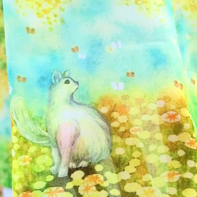 两周内出货【Mimosa and cat】雪纺围巾 丝巾 披肩 蒲公英 堇菜 白猫 花朵 生日礼物 母亲节礼物 黄色 - 丝巾 - 聚酯纤维 黄色
